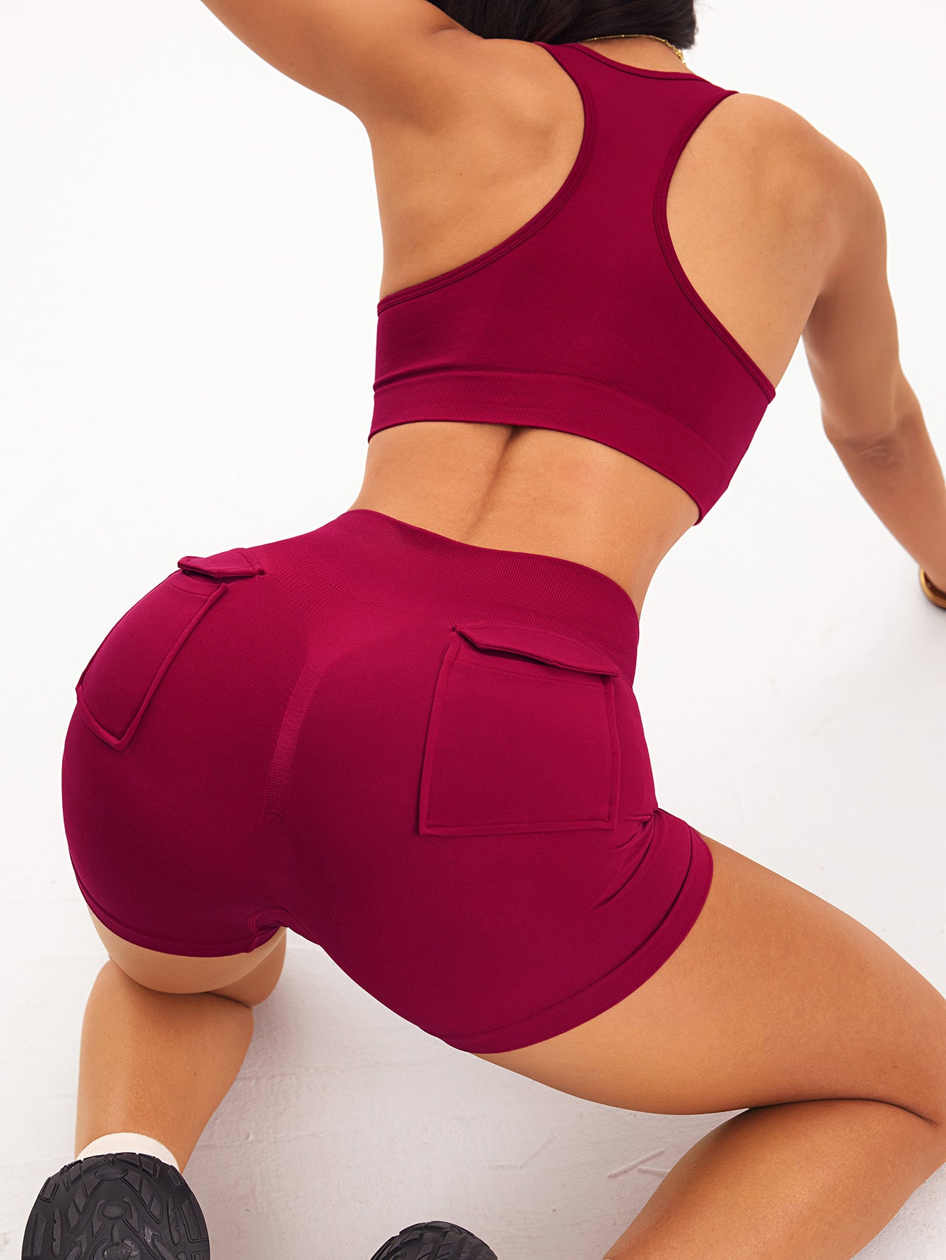 Seamless Yoga Set with Racerback Bra and Pocket Shorts